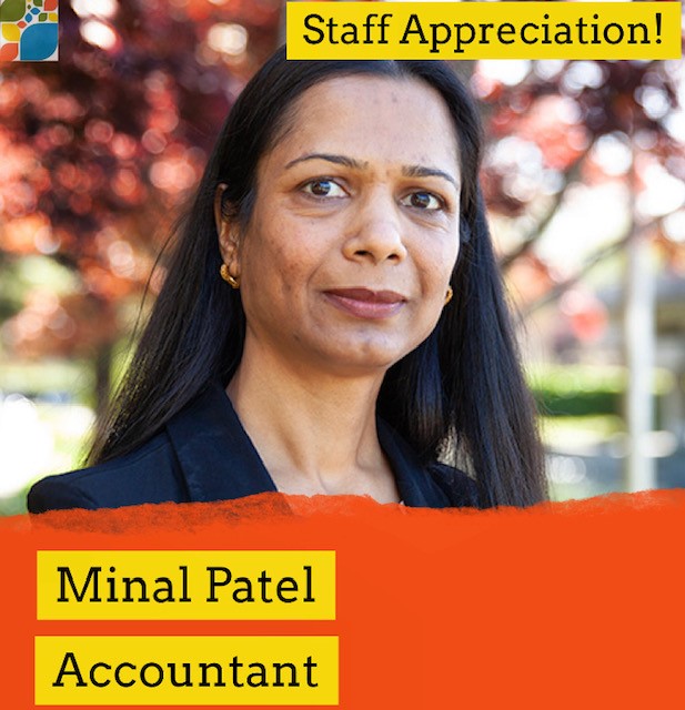 Cherry blossom trees are seen behind Minal Patel as she smiles for a photo. Text: Staff Appreciation! Minal Patel, Accountant.