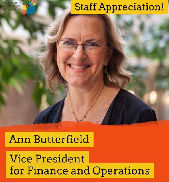 Ann Butterfield wearing reading glasses and smiling wide. Text: Staff Appreciation! Ann Butterfield, Vice President for Finance and Operations.