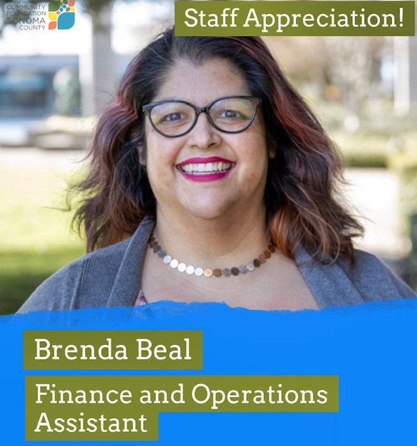 Brenda Beal with a big smile on her face as she stands outside. Text: Staff Appreciation!, Brenda Beal, Finance and Operations Assistant