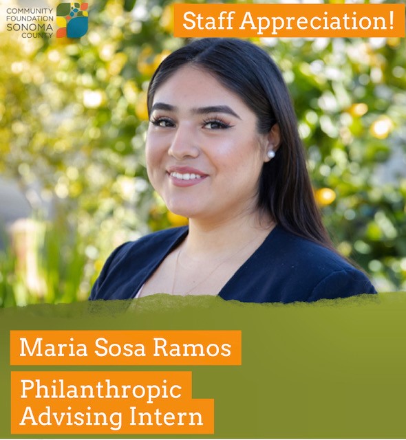 Maria Sosa Ramos smiling as she poses in front of a tree. Text: Staff Appreciation! Maria Sosa Ramos, Philanthropic Advising Intern.