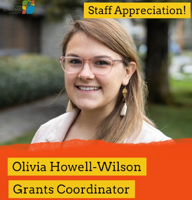 Olivia Howell-Wilson wearing pink glasses and smiling big. Text: Staff Appreciation! Olivia Howell-Wilson, Grants Coordinator.