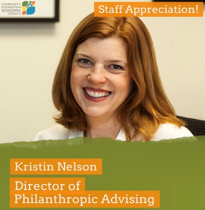 Kristin Nelson smiling at the CFSC office. Text: Staff Appreciation!, Kristin Nelson, Director of Philanthropic Advising