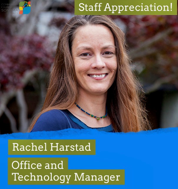 Rachel Harstad smiling as she stands in front of a colorful tree. Text: Staff Appreciation!, Rachel Harstad, Office and Technology Manager