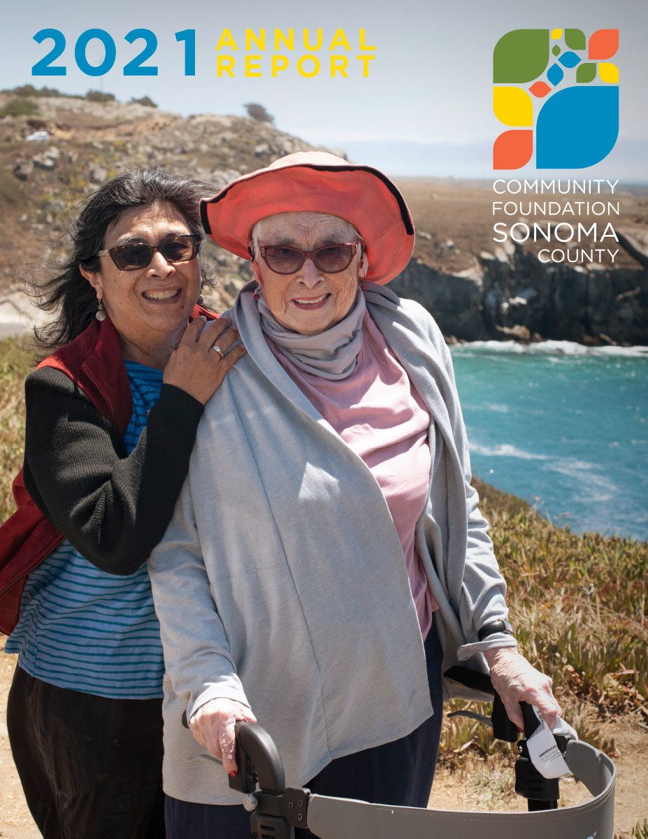 CFSC 2021 Annual Report Cover photo: Clients of Coastal Seniors, a nonprofit serving isolated seniors who live on the rural Sonoma County coast, arrive to pick up hot meals to take home from a weekly food pick-up hosted by the organization in Fort Ross.