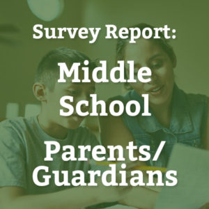 A mom helping her son with his homework. Text: Survey Report, Middle School, Parents/Guardians.