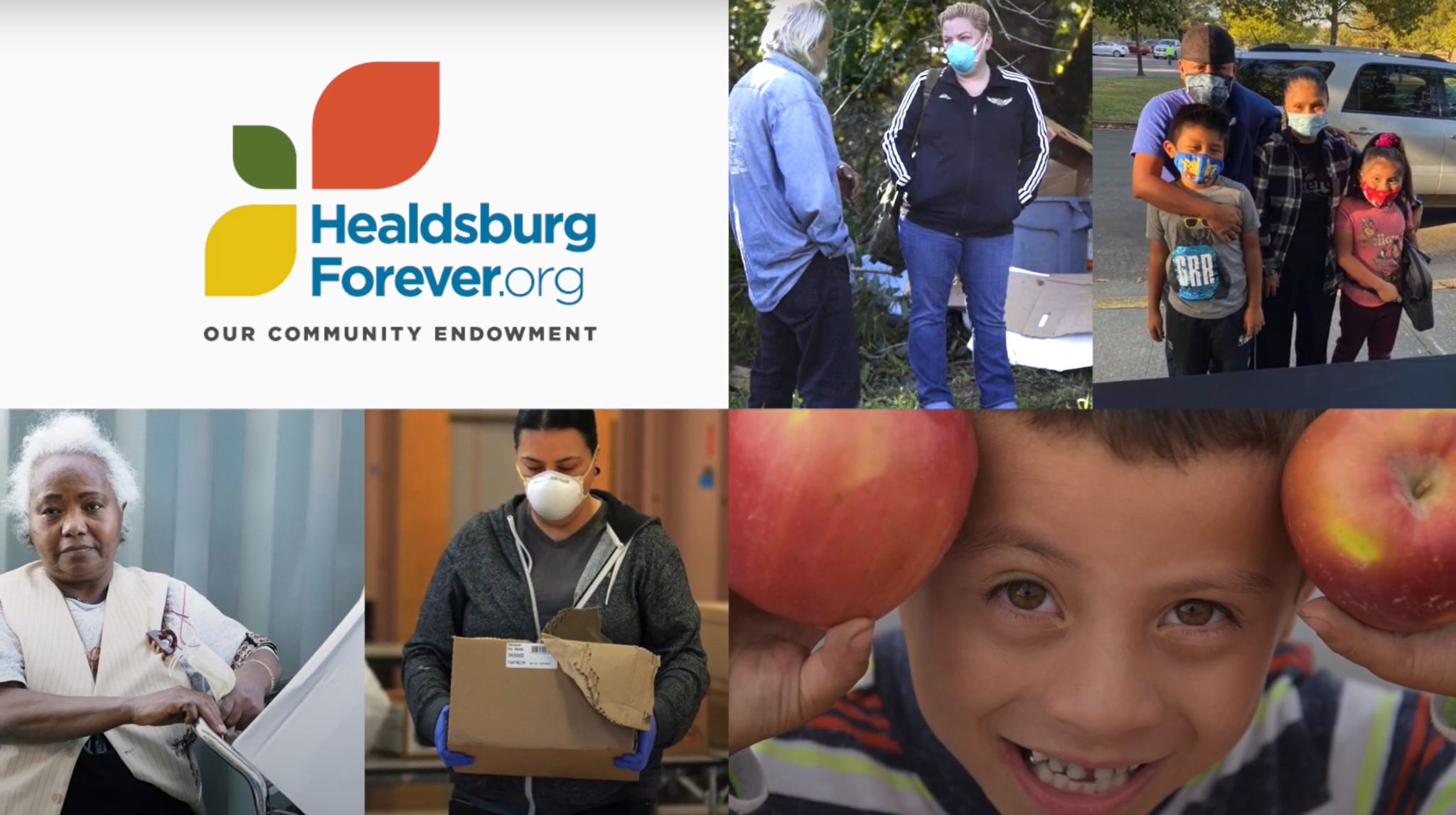 A collage of five different photos capturing Sonoma County community members. Text: Healdbsurg Forever.org, our community endowment.
