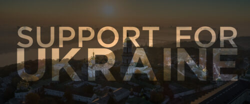 Image text reads: Support for Ukraine, over an image of Kyiv, Ukraine