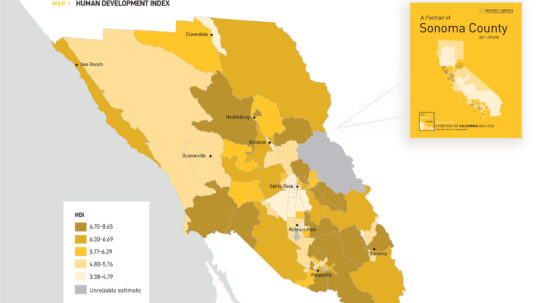 Cover image for the Portrait of Sonoma County. IMage features a map of Sonoma County with different colors representing the Human Development Index Scores of each census tract.