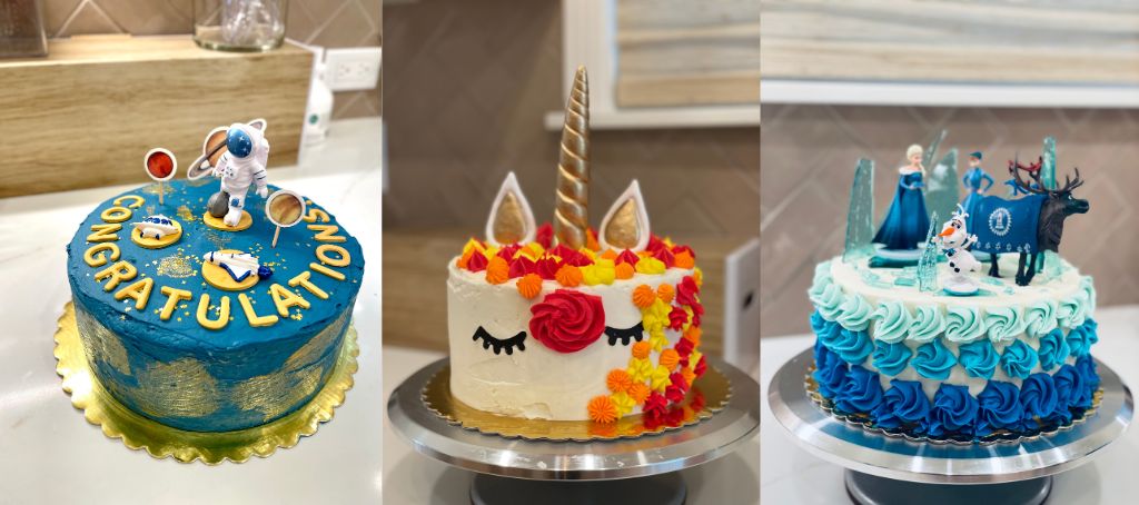 Three cake images- one space themed, one unicorn, and one with Frozen characters